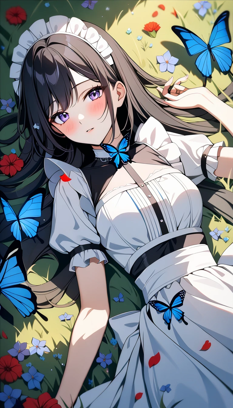 (1girl,20 years old,mature female),black hair,long hair,maid outfit,blush,blush,separated lips,lying,grassland, natural soft lighting, butterfly, bug, blue butterfly, blue flowers, red flowers, purple flowers, petals, beautiful, aesthetic, elegance, ethereal beauty, detailed, intricate details, absurdres, beautiful color, masterpiece, amazing quality, best quality, high quality, 4K, 8K, K, UHD,, upper body,