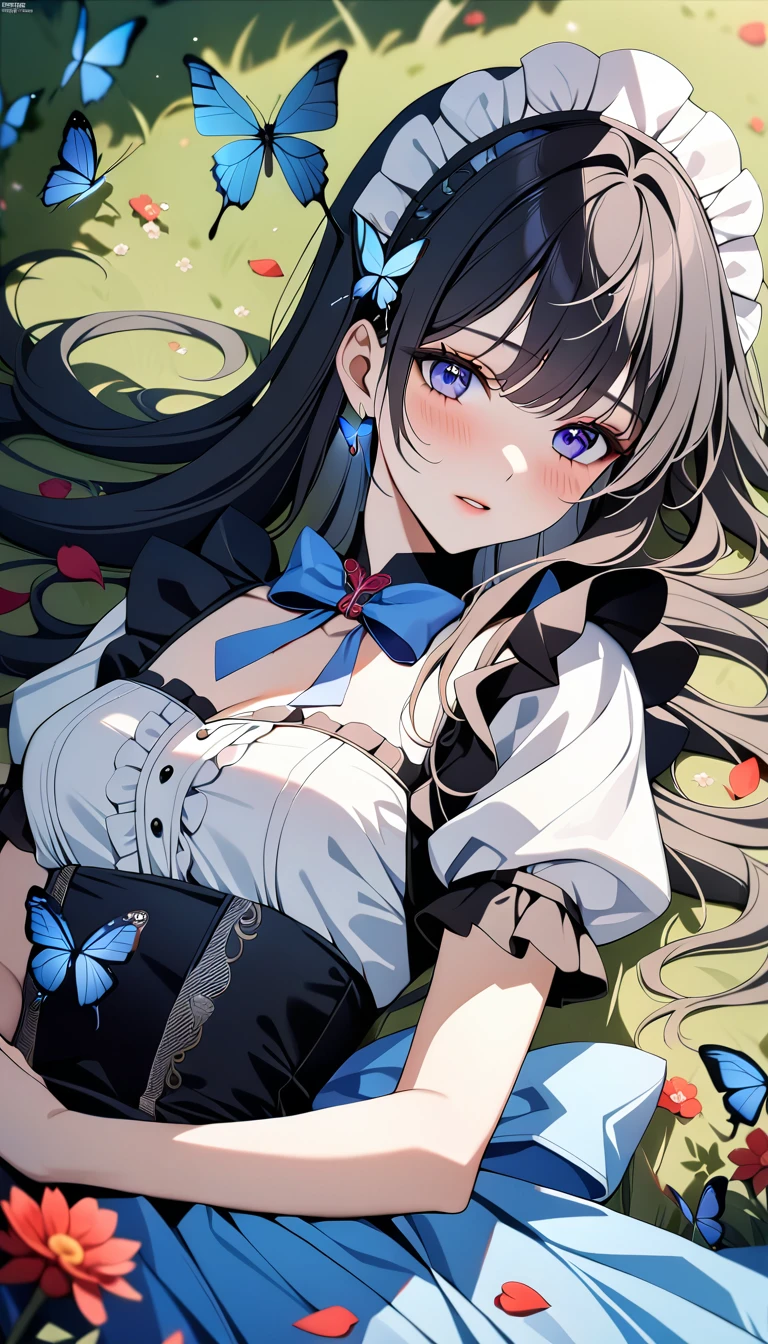 (1girl,20 years old,mature female),black hair,long hair,maid outfit,blush,blush,separated lips,lying,grassland, natural soft lighting, butterfly, bug, blue butterfly, blue flowers, red flowers, purple flowers, petals, beautiful, aesthetic, elegance, ethereal beauty, detailed, intricate details, absurdres, beautiful color, masterpiece, amazing quality, best quality, high quality, 4K, 8K, K, UHD,, upper body,