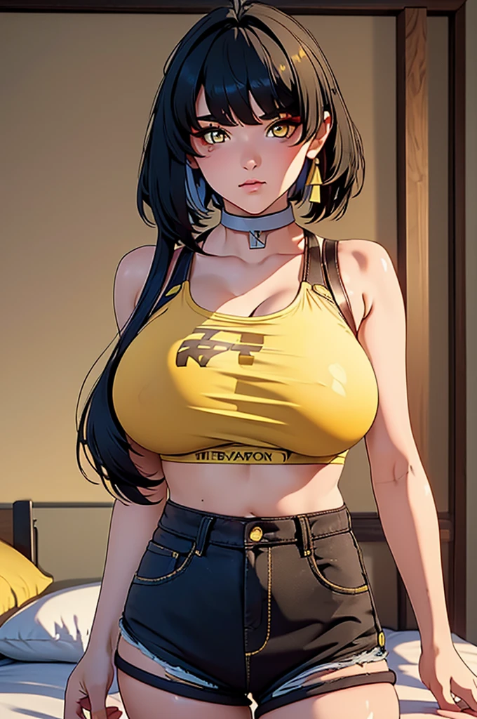 UHD, retina, masterpiece, accurate, super detail, high quality, highres, 4K,((1girl)), , ((cute face)),((detile texture face)),((perfect eyes)), solo, ((shorts hair)),((yellow eyes),((straight)), huge breasts,((oversized breasts)),upper body, bedroom.