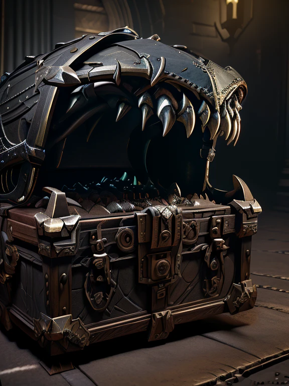 a highly detailed intricate wooden chest, ancient weathered wood, metal trimmings, precious gemstones, glowing reflective surfaces, a mysterious face with sharp teeth, a long tongue emerging from the open mouth, thick interior compartments, (best quality,4k,8k,highres,masterpiece:1.2),ultra-detailed,(realistic,photorealistic,photo-realistic:1.37),cinematic lighting,dark moody atmosphere,fantasy,digital art