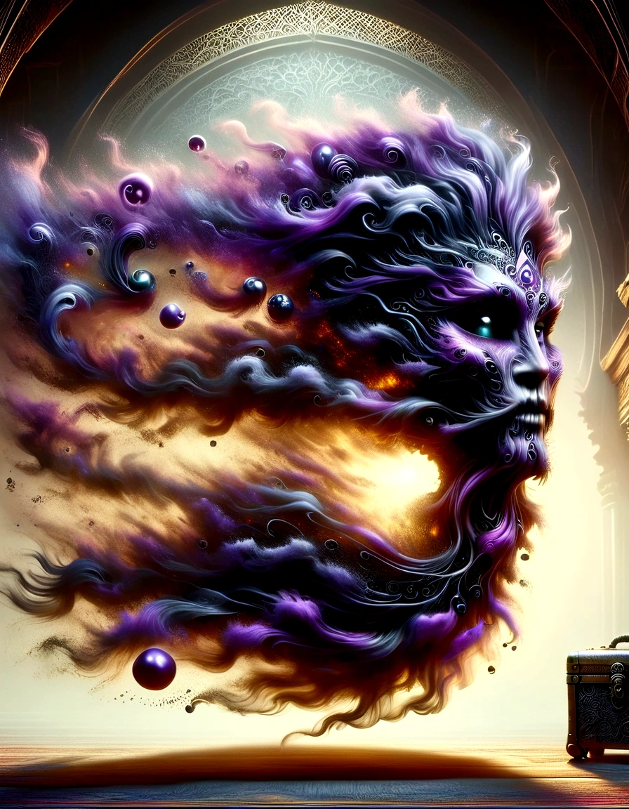 (Thick smoke floated out of an opened golden treasure chest and gradually turned into a monster in the air.)，Giant cat demon，《Aladdin's magic lamp》，The hair of the monster that turned into smoke is dark black，Often draped over the shoulders，Gives a feeling of elegance yet dignity。He is very particular about his clothes.，Often wears a black robe，It is embroidered with mysterious patterns