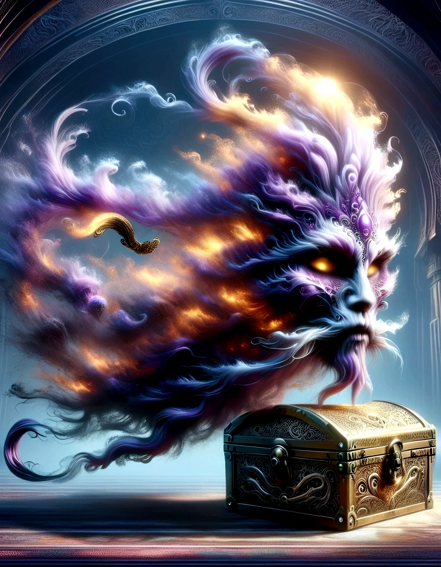 (Thick smoke floated out of an opened golden treasure chest and gradually turned into a monster in the air.),Giant cat demon,《Aladdin's magic lamp》,The hair of the monster that turned into smoke is dark black,Often draped over the shoulders,Gives a feeling of elegance yet dignity。He is very particular about his clothes.,Often wears a black robe,It is embroidered with mysterious patterns