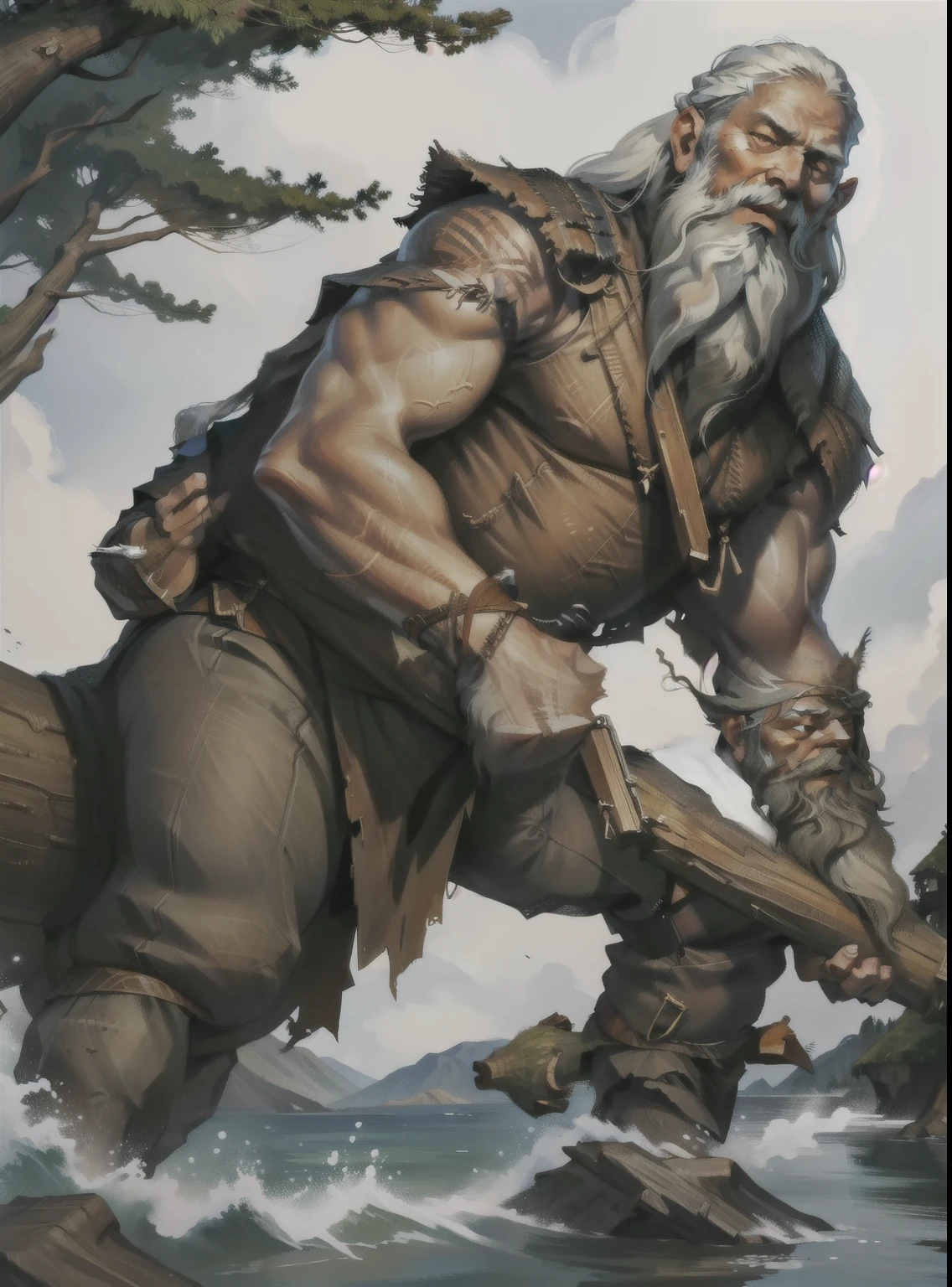 a beard man, male warrior, with an axe, beefcake pose, gigachad muscular, full body portrait, male art, technoviking male with no shirt, loincloth, with a two handed axe, muscular male hero