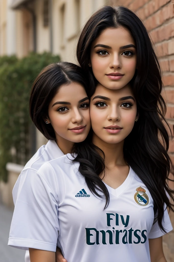 Boy with beard ,green eyes , black hair , with real Madrid shirt . Girl with brown eyes ,big eyelashes ,cabello largo with real Madrid shirt ,the two together hugging