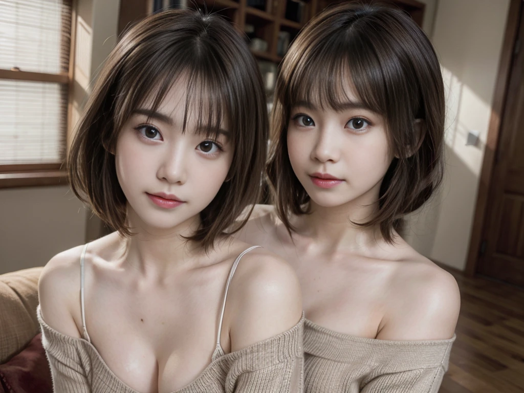 (masterpiece:1.3), (8K, Photorealsitic, Raw photography, Top image quality: 1.4), Japan high school girls、(Random hairstyles:1.2)、cleavage of the breast:1.2、Super Detail Face、Eye of Detail、double eyelid、Bring your chest together、sharp focus:1.2、prety woman:1.4、light brown hair、top-quality、masterpiece、超A high resolution、(Photorealsitic:1.4)、Highly detailed and professional lighting smile、Loose and light knitwear、Shoulder out、slender、serious facial expression、short-haired、Fatal position