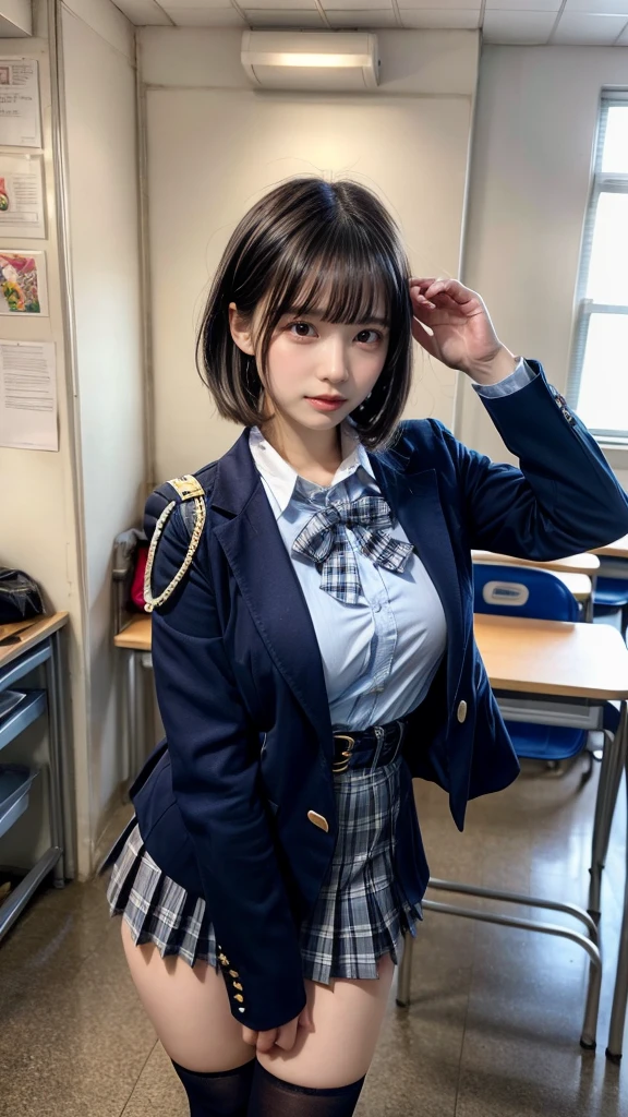masterpiece, best quality, illustration, Super detailed, fine details, High resolution, 8K,wall paper, perfect dynamic composition,(Details High quality, realistic depiction of eyes:1.3), from side, High School Classroom、High school girl uniform、blazer 、Super Short Check Uniform Skirt、Navy blue high socks、garterbelts、Colossal tits、Disturbed uniform, short bob hair, black hair color, huge breasts, Big Natural Color Lip, bold sexy pose, (perfect body shape), crying a little、Harajuku style、20 year old girl、 beautiful legs, hposing Gravure Idol