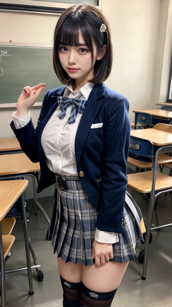 masterpiece, best quality, illustration, Super detailed, fine details, High resolution, 8K,wall paper, perfect dynamic composition,(Details High quality, realistic depiction of eyes:1.3), from side, High School Classroom、High school girl uniform、blazer 、Super Short Check Uniform Skirt、Navy blue high socks、garterbelts、Colossal tits、Disturbed uniform,  short bob hair, black hair color, huge breasts, Big Natural Color Lip, bold sexy pose, (perfect body shape), crying a little、Harajuku style、20 year old girl、 beautiful legs, hposing Gravure Idol