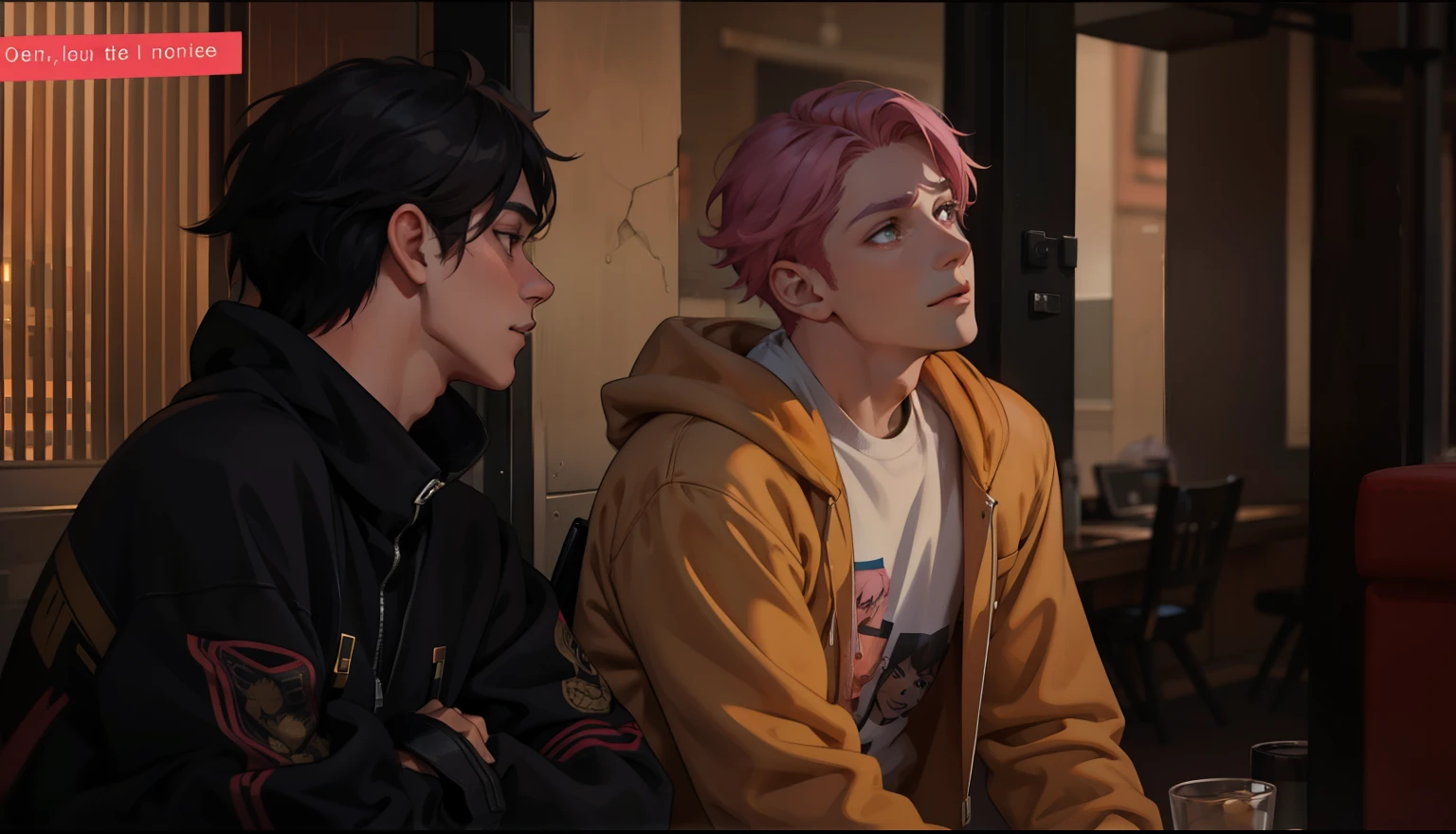 The boys are looking at someone in front of them who has pink hair.
