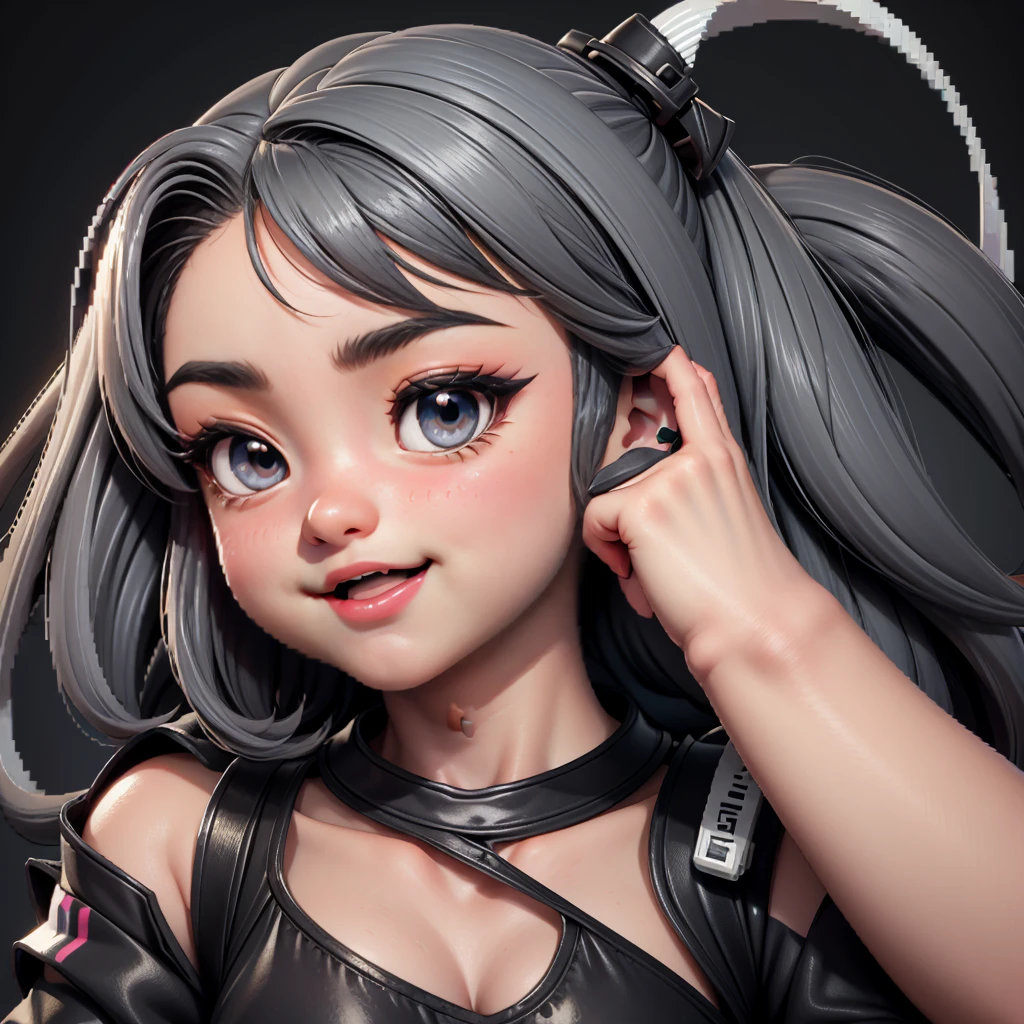 cute girl, chibi Siphonaptera black and gray, bright eyes with cute anime-style expressions, ("MSX" written on the head), retro style clothes with pixel art motifs, happy, in a hair, she very tiny