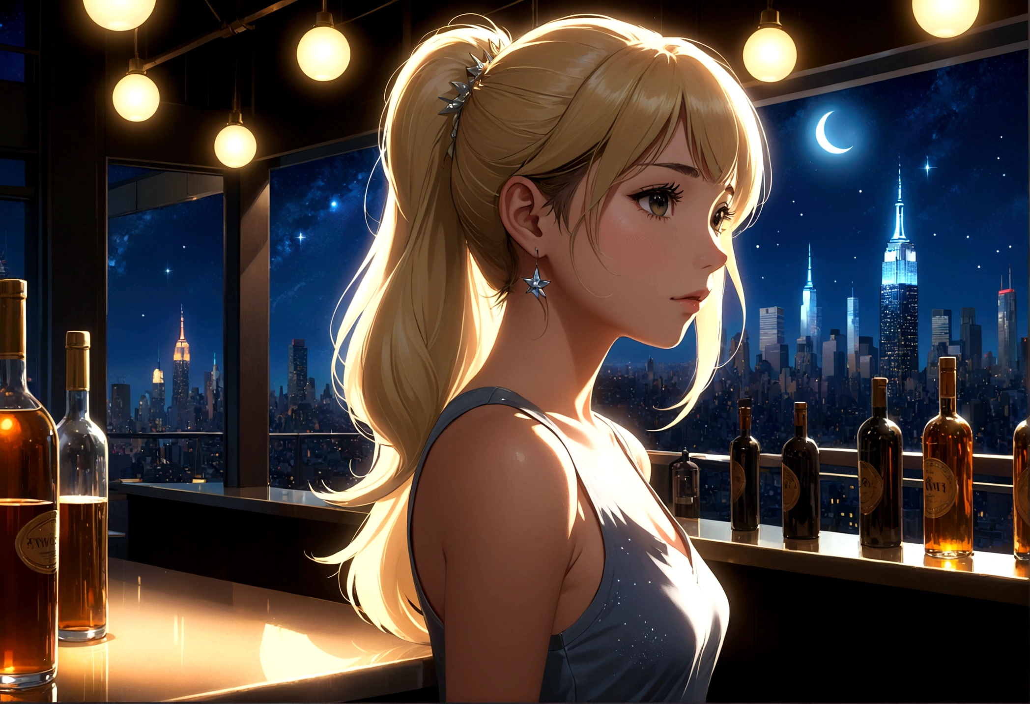Uses Makoto Shinkai'The depiction is perfect,Portrait of Liza Soberano,8k 4k masterpiece photo ,new york,Glass ceiling jazz bar,I can see the twinkling stars through the glass window.,that'Outside in the dark night,Jazz is playing,Profile close-up,Beautiful profile,Semi-long hair,Blonde,Look in a different direction,Standing alone at the counter,Tight fitting grey tank top dress,Large bust