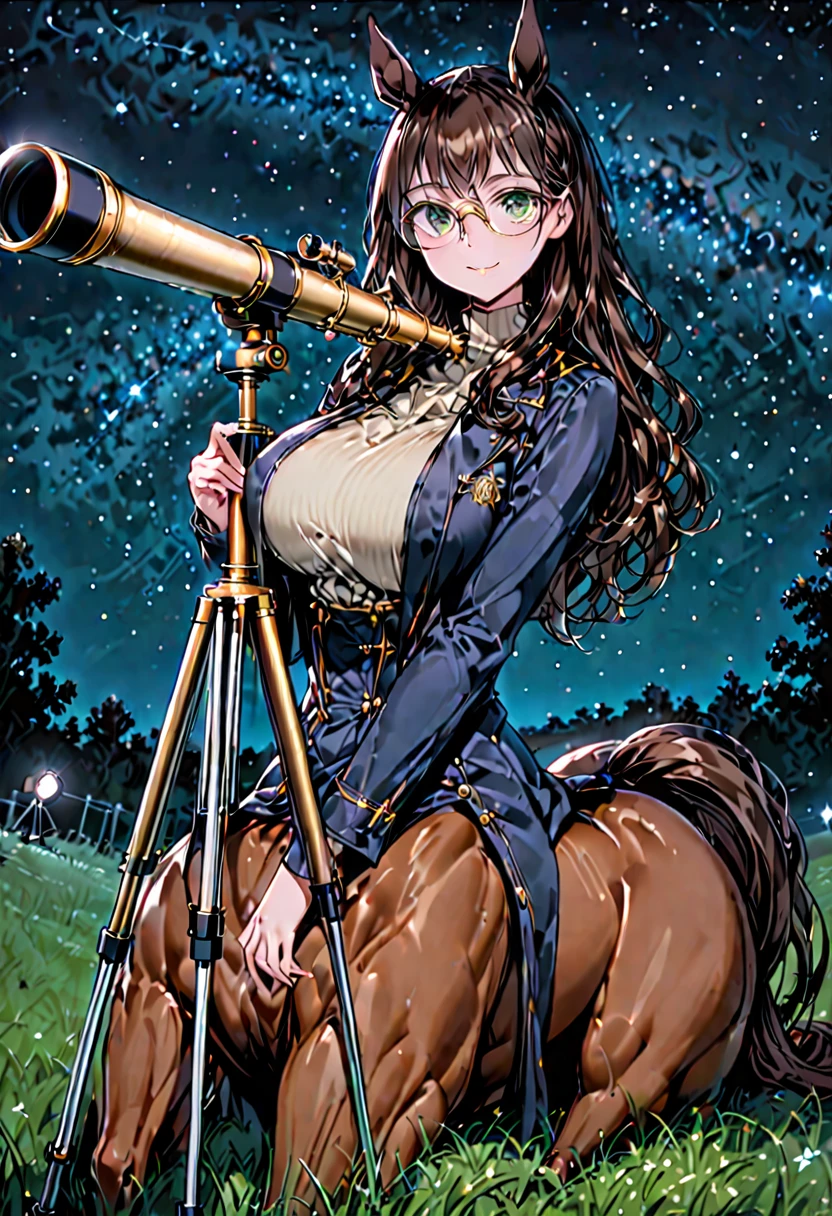 solo, female, sfw, medium shot, long wavy hair, brown hair, dark green eyes, centaur girl, huge woman, ((centaur)), brown horse ears, huge breasts, scholar, modest clothes, night sky, brown horse body, horse lower body, horse body from the hip down, calm smile, ((huge brass telescope on tripod)), starry sky, grassy field, night, coat, glasses, from the hip up, horse legs, sitting