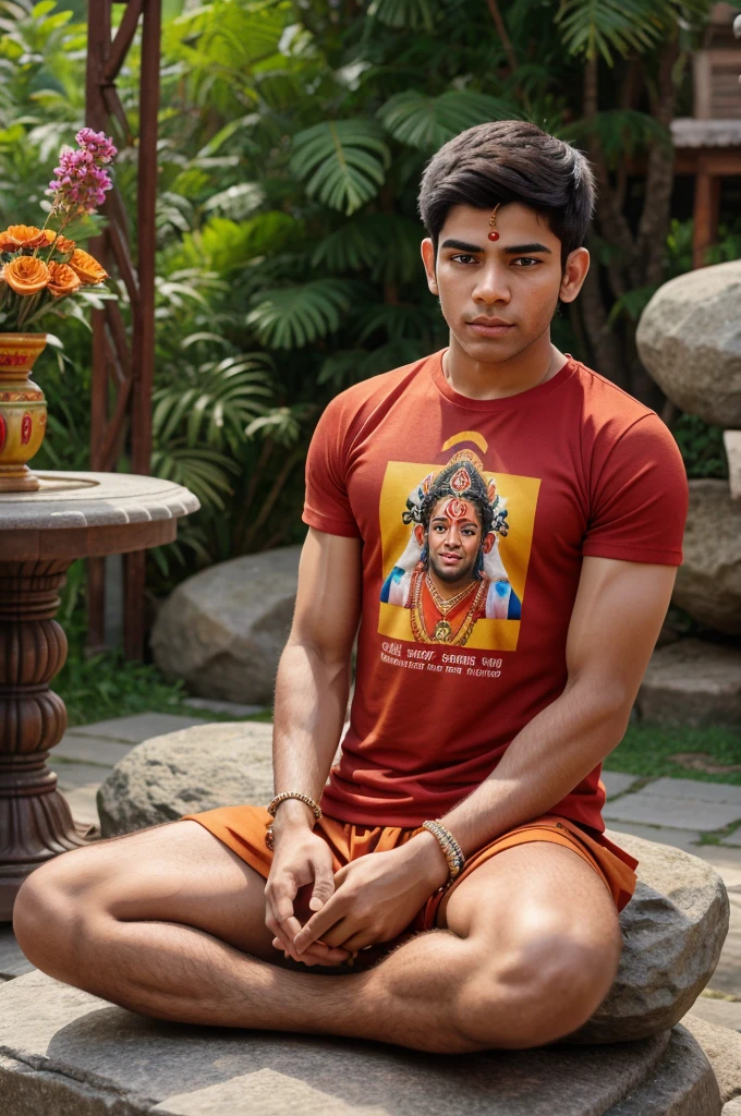 Create a Realistic High Quality image of LORD HANUMAN is depicted in meditation . Sitting on a Stone. A Realistic 18 year old boy Wearing Saffron T-shirt sprinkles flowers to HANUMAN and performs Pooja , Hanuman ji giving blessings to boy,Name "Harish" is written on the Boy's T-shirt. The Background features "Happy Hanuman Jayanti" in the background. beautiful background view .