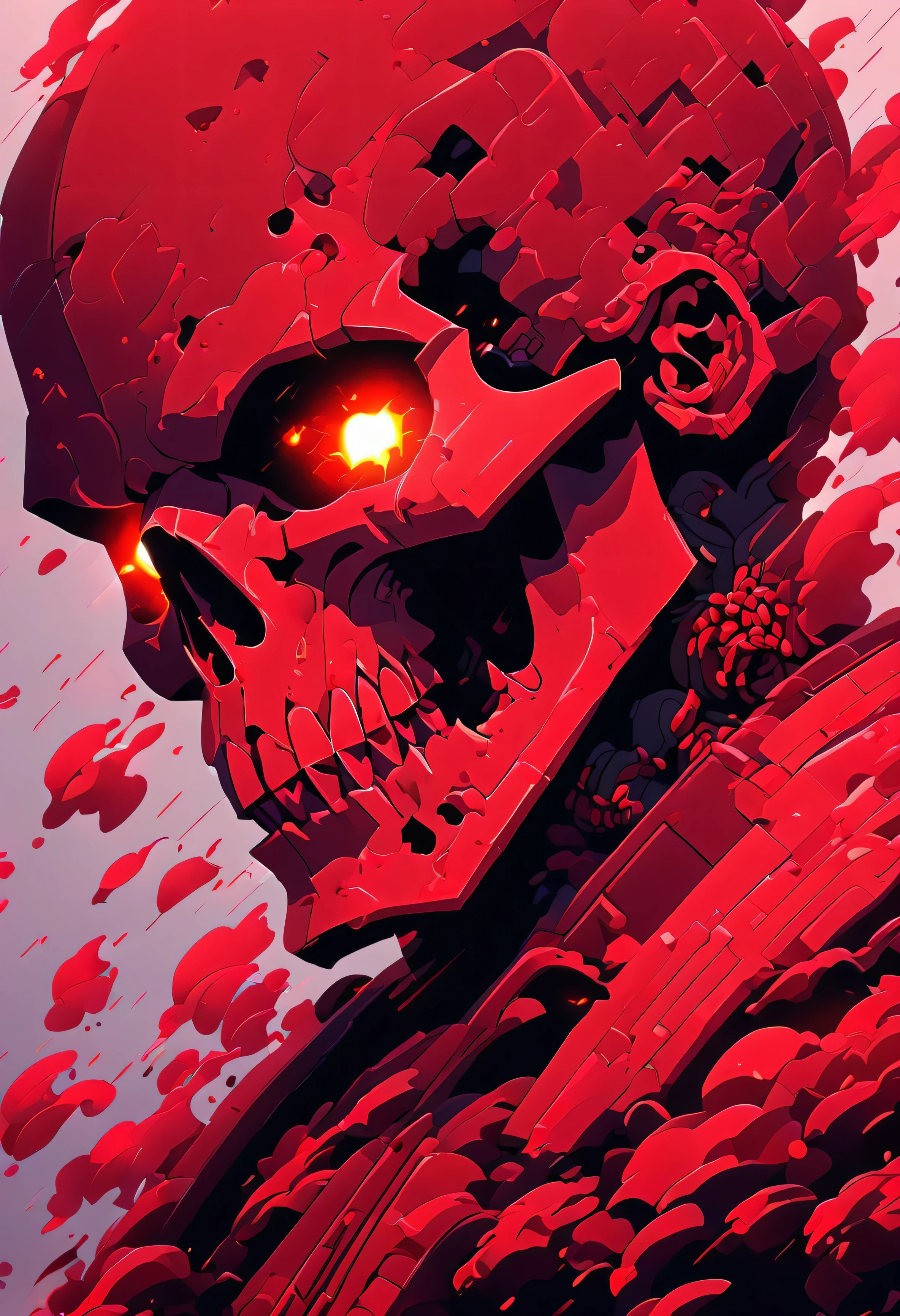 A pixel red skull in a 3/4 angle
