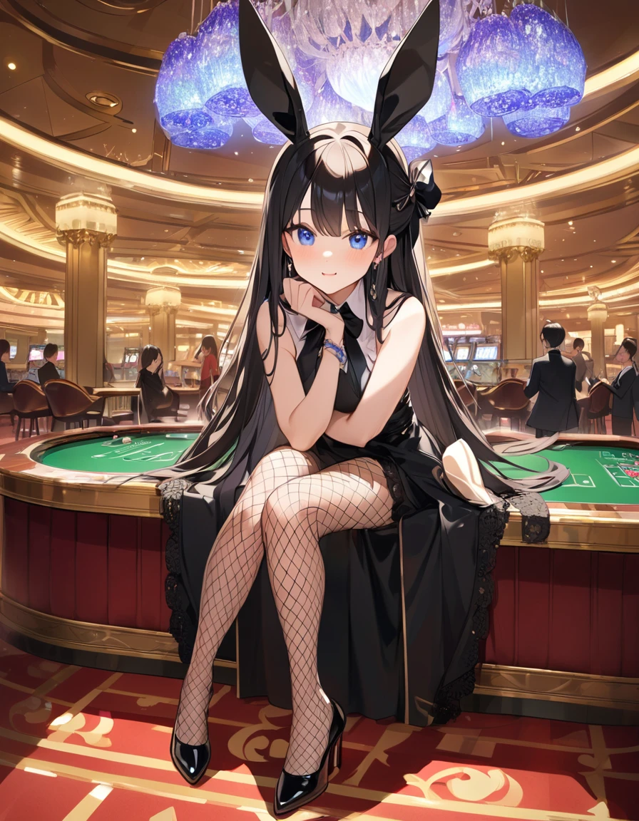 (Highest qualityのイラスト:1.2), (cute女の子:1.1), (1 girl、17 years old), (1 girl、Kind eyes、blue eyes)、Black Hair、Semi-long hair、(Highest quality、Very detailed、cute、Ultra-high resolution) 、Black Hairの美少女、Bunny girl、Bunny ears、Black leotard、Fishnet tights、High heels、Larger breasts、casino