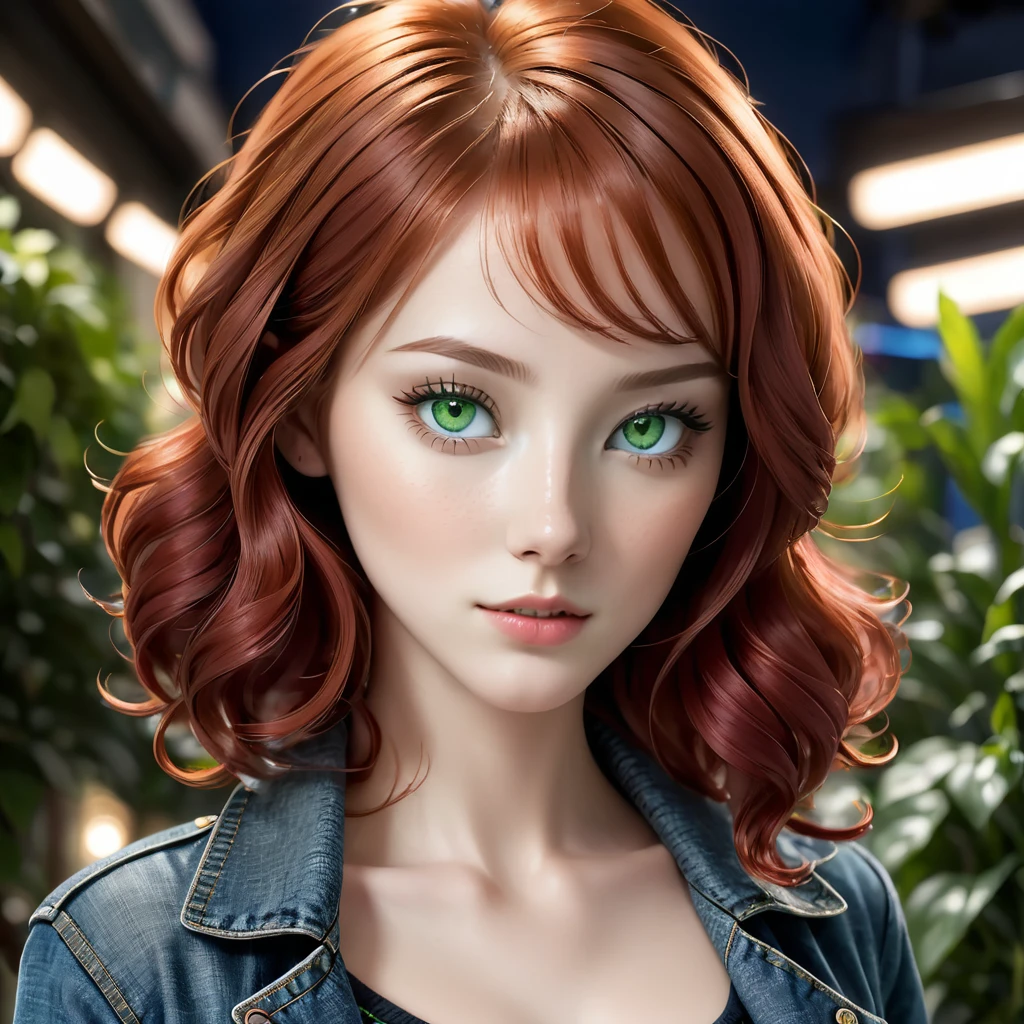 "Generate an AI image of a young woman with long, parted red hair and mesmerizing green eyes. She has curly short hair and pale skin, with cartoonish facial features and large, round eyes. The scene should be realistic (Realistic: 1.2) and a masterpiece (Masterpiece: 1.2), depicting her in a full-body shot (Full-body Shot: 1). She is dressed in a stylish jeans jacket with black details and a blue top underneath, paired with black jeans trousers. The background should feature a dark den with neon lighting (Neon Lighting, Romantic Dark Lighting: 1), enhanced with clear particles. The image should be highly detailed (Highly Detailed: 1.2), particularly focusing on her detailed face (Detailed Face: 1.2) and realistic gradients in coloring. Ensure a single person (One Person: 1), with a detailed landscape (Detailed Landscape: 1.2), featuring dynamic poses (Dynamic Poses: 1.2) and natural lightning (Natural Lightning: 1.2), against a detailed backdrop."