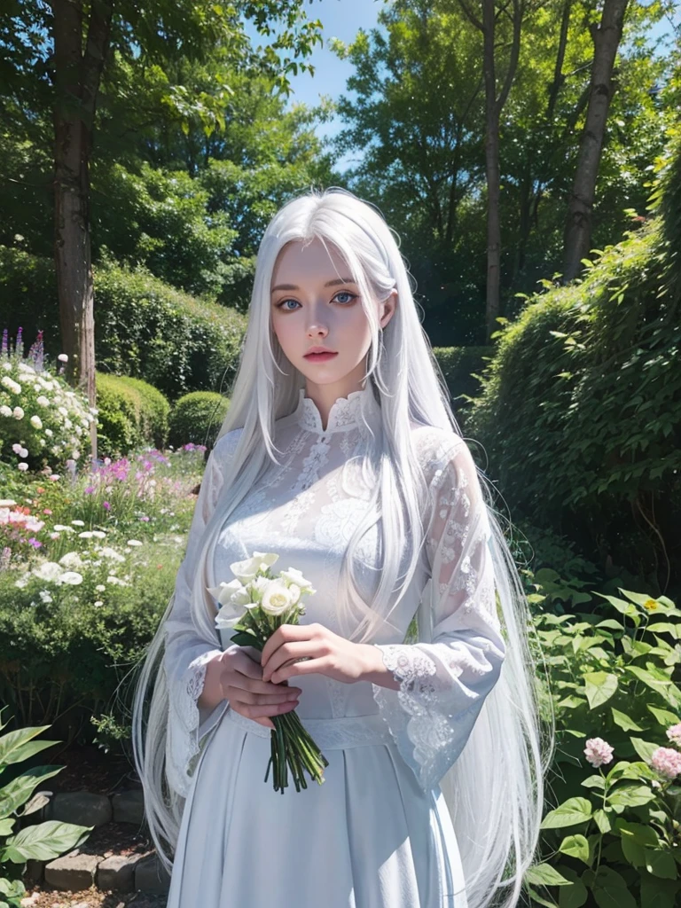Long white hair, blue eyes, serious features, white skin, loose style, in a garden, with flowers , in the forest