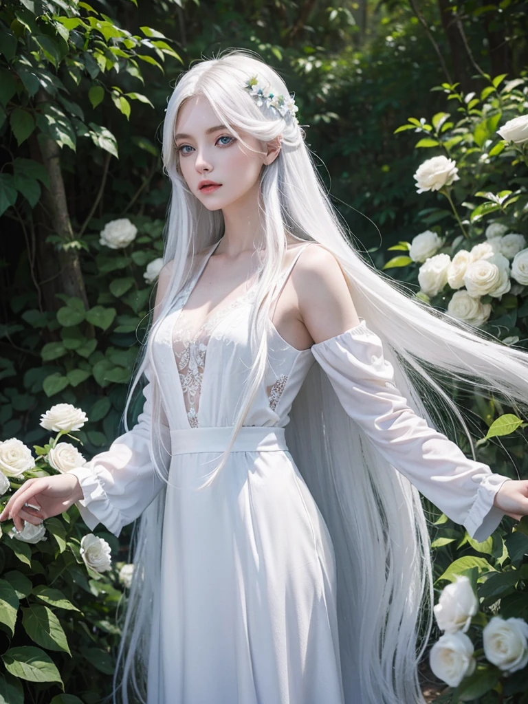 Long white hair, blue eyes, serious features, white skin, loose style, in a garden, with flowers , in the forest 