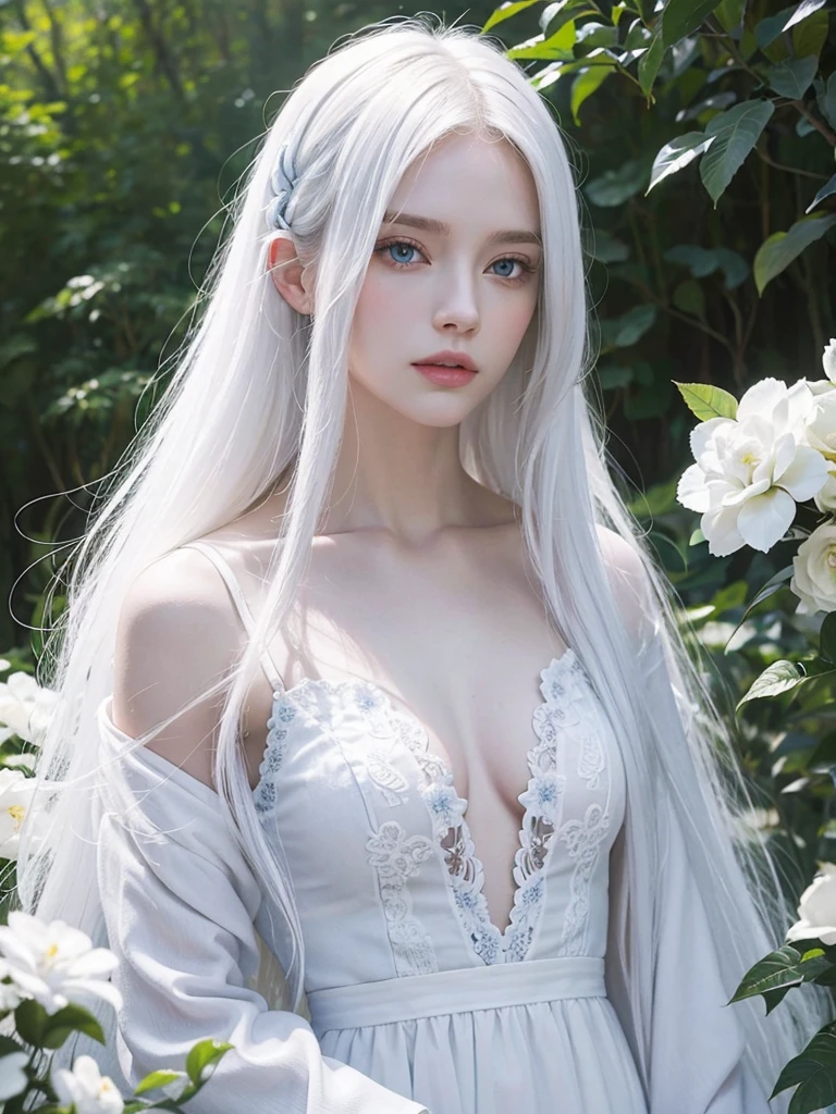 Long white hair, blue eyes, serious features, white skin, loose style, in a garden, with flowers , in the forest 