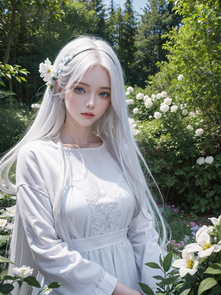 Long white hair, blue eyes, serious features, white skin, loose style, in a garden, with flowers , in the forest