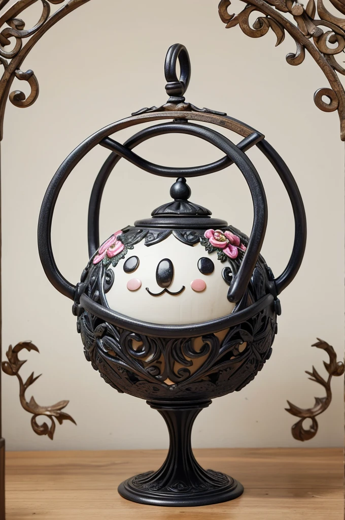 "Create a unique character design inspired by the game 'Getting Over It,' but with a twist. Instead of being stuck in a pot, the character is trapped inside a large, ornate teapot. The teapot is intricately designed with floral patterns and whimsical details, and the character uses a long-handled spoon to navigate their surroundings. Incorporate elements of frustration and determination in the character's expression and posture, while maintaining a whimsical and surreal aesthetic."