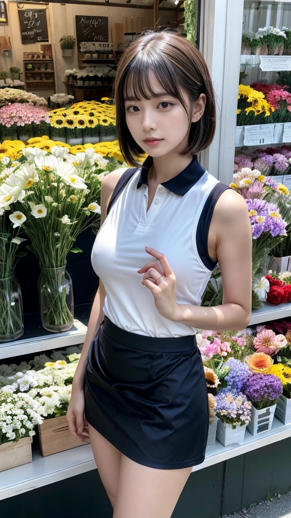 (masterpiece:1.3, top-quality, ultra high res, ultra detailed), (realistic, photorealistic:1.2), beautiful illustration, perfect lighting, natural lighting, colorful, depth of fields, ,
beautiful detailed hair, beautiful detailed face, beautiful detailed eyes, beautiful clavicle, beautiful body, beautiful chest, heavy chest, beautiful thigh, beautiful legs, beautiful fingers, shiny skin,
looking at viewer, 1 girl, japanese, 22 years old, (perfect anatomy, anatomically correct, super detailed skin), cute and symmetrical face, babyface, perfect face, perfect eyes, perfect fingers,
(short bob hair, straight hair, hair slicked back:1.6, blue hair), parted bangs, dark purple eyes, big eyes, drooping eyes, long eyelashes, faint lips, ((saggy breasts), Don't expose it, seductive thighs), outstanding style,
(detailed cloth texture, break, sleeveless collared polo shirt, tight skirt, black apron), break,
(beautiful scenery), ((behind flower shop:1.5)), standing, ((hold a big bouquet:1.2)), (parted lips),