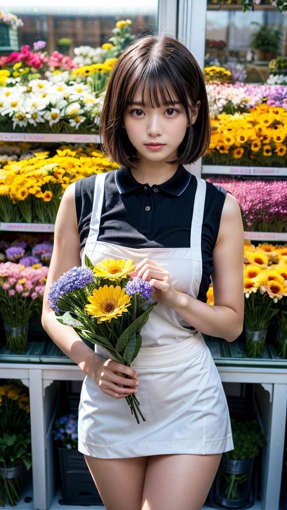 (masterpiece:1.3, top-quality, ultra high res, ultra detailed), (realistic, photorealistic:1.2), beautiful illustration, perfect lighting, natural lighting, colorful, depth of fields, ,
beautiful detailed hair, beautiful detailed face, beautiful detailed eyes, beautiful clavicle, beautiful body, beautiful chest, heavy chest, beautiful thigh, beautiful legs, beautiful fingers, shiny skin,
looking at viewer, 1 girl, japanese, 22 years old, (perfect anatomy, anatomically correct, super detailed skin), cute and symmetrical face, babyface, perfect face, perfect eyes, perfect fingers,
(short bob hair, straight hair, hair slicked back:1.6, blue hair), parted bangs, dark purple eyes, big eyes, drooping eyes, long eyelashes, faint lips, ((saggy breasts), Don't expose it, seductive thighs), outstanding style,
(detailed cloth texture, break, sleeveless collared polo shirt, tight skirt, black apron), break,
(beautiful scenery), ((behind flower shop:1.5)), standing, ((hold a big bouquet:1.2)), (parted lips),