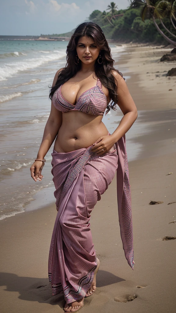 ravishing y curvy chubby tall supermodel Rambha wearing saree Sea Beach background