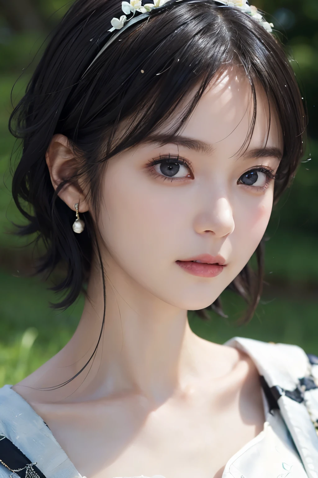 (((Black Short Hair))), (grassland), Seductive pose, 背景がgrassland、Image from chest up:1.6)、Close-up portrait of a woman wearing a white off-the-shoulder top dress and earrings, Soft portrait shot 8k, Nice delicate face, High-quality 4K portraits, High-quality portraits, Soft, perfect, pale skin, 8K Highly Detailed Face, なbeautiful繊細な顔, beautiful光の大きな目, Beautiful and realistic face, beautiful１４Old woman, Beautiful and realistic face, cute１４Old woman