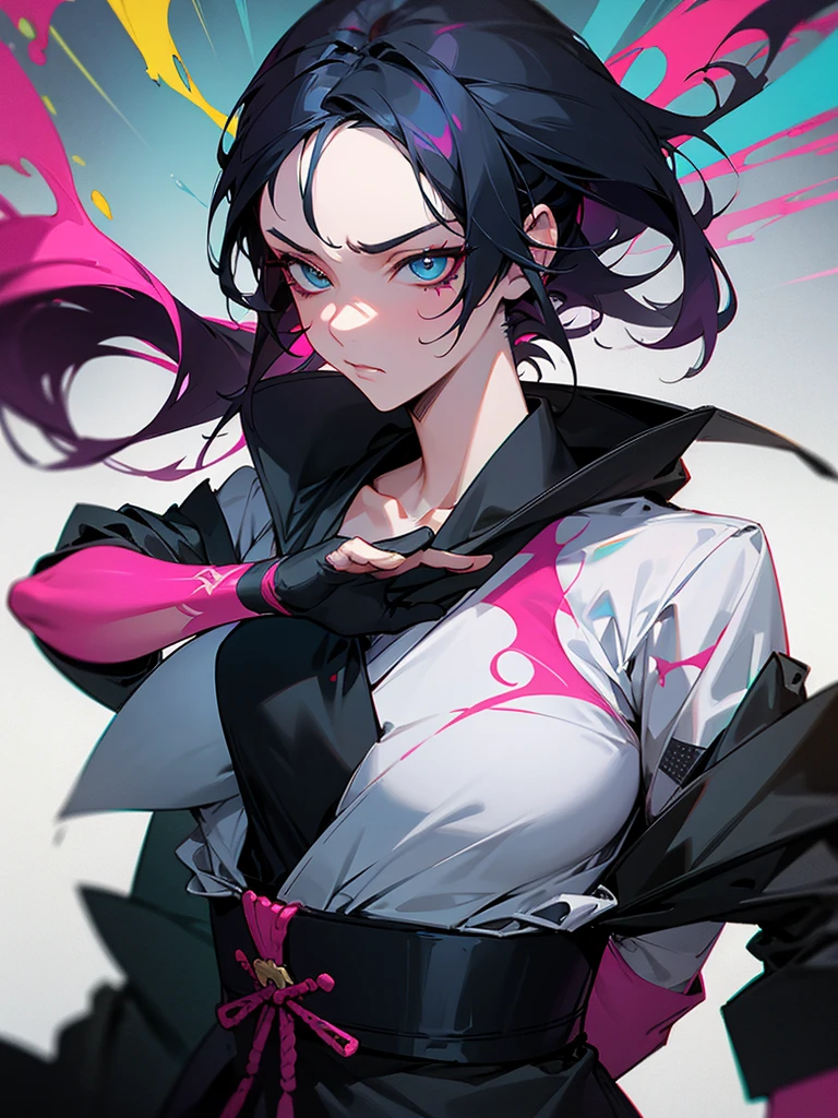 1 woman, wearing a stylish and edgy outfit, the color palette is mainly dark with splashes of vibrant colors, tailored white shirts, fashionable, woman, vibrant, outfit, colorful, accessory, majestic, sharp focus, modern, determined expression, closed one eye, disgusted face, embarrassed, Ink wash painting background, geometry tattoo, (cinematic), elaborate, holding japanese sword, katana, pose, collarbone,