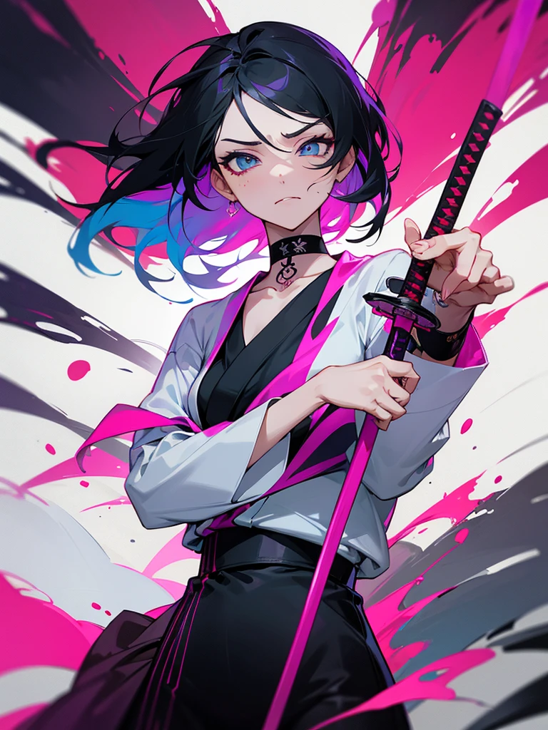 1 woman, wearing a stylish and edgy outfit, the color palette is mainly dark with splashes of vibrant colors, tailored white shirts, fashionable, woman, vibrant, outfit, colorful, accessory, majestic, sharp focus, modern, determined expression, closed one eye, disgusted face, embarrassed, Ink wash painting background, geometry tattoo, (cinematic), elaborate, holding japanese sword, katana, pose, collarbone,