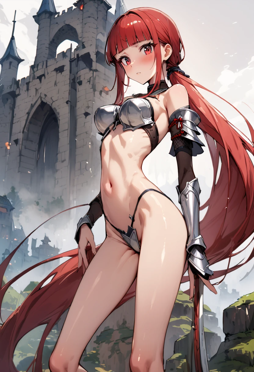 (masterpiece、Highest quality:1.3,absurderes),25 year old beauty,独奏、Woman warrior,((very small head)),red hair,long hair,blunt bangs,red eyes,gorgeous eyes,shy,medium breasts,((very long body)),((toned body,slender body,)),skinny,gleaming skin,shiny skin,Silver Armor、navel、Red pleated ilver Gauntlet、Fantasy World、Medieval castle、
