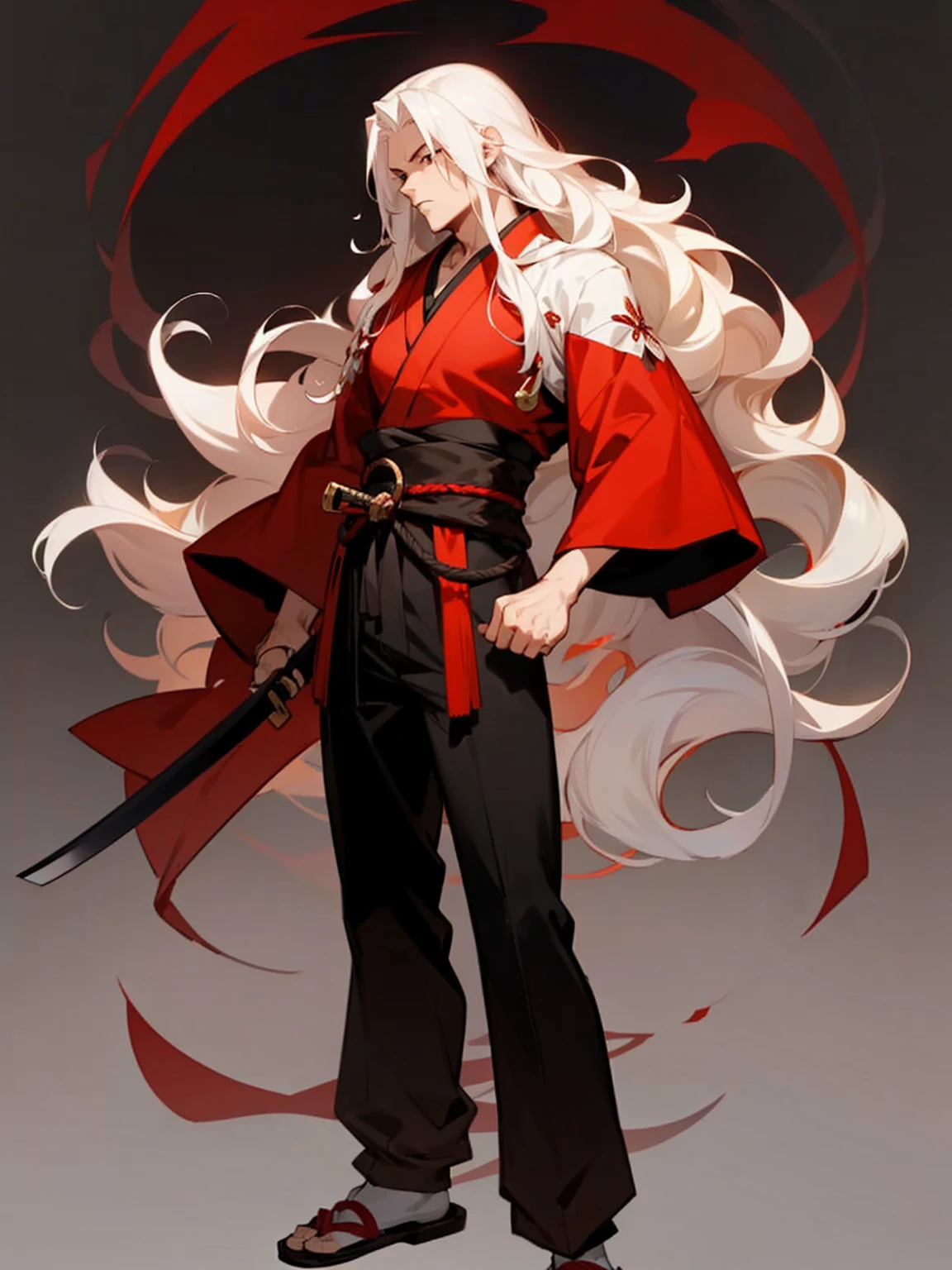 A anime man, muscular body, long wavy White hair, Red and Black Eye, Red Kimono, holding a katana, standing, full body