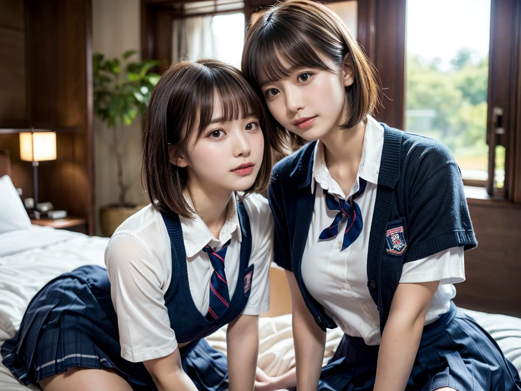 (RAW photo, 4k, masterpiece, high resolution, extremely complex) (realistic: 1.4), cinematic lighting
((2 girls, 2 schoolgirls)),Slam Dunk's,blushing,((innocent)),bright eyes,round eyes,blunt bangs,(short bob hair:1.3),black hair,large breasts,wide hips,Summer Noon, ,Hot, (Best Quality), (Highres), (an Extremely Delicate and Beautiful),(Beautiful 8k face),(Brown eyes),short bob hair,( spectators),(gigantic breasts),(Play with each other,Touching each other's bodies,Touching the body),(Japanese high school uniform:1.3),blue skirt,(reality),bright lighting,(The background is a luxury hotel room)