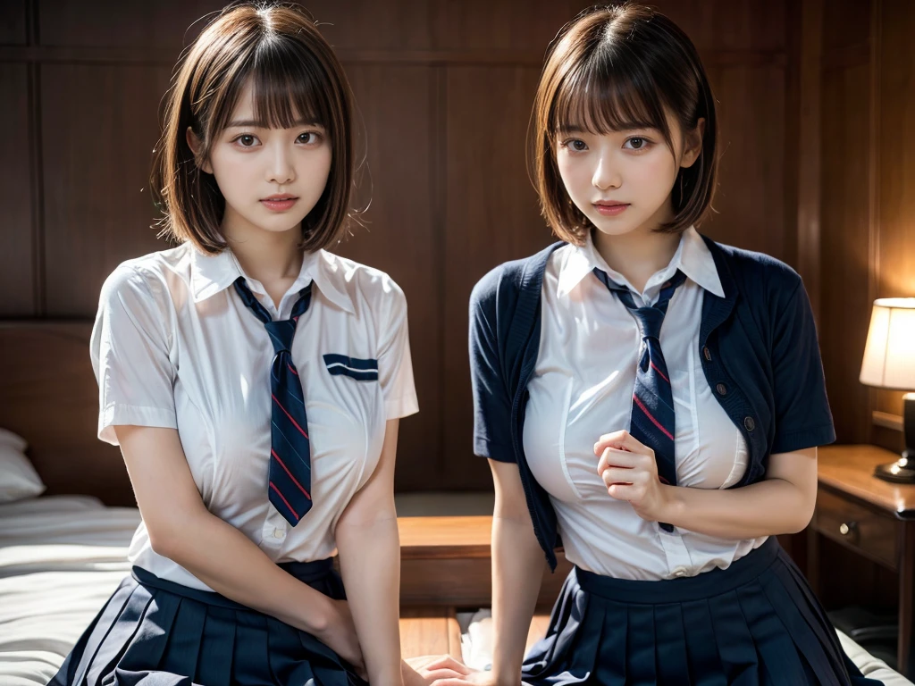 (RAW photo, 4k, masterpiece, high resolution, extremely complex) (realistic: 1.4), cinematic lighting
((2 girls, 2 schoolgirls)),Slam Dunk's,blushing,((innocent)),bright eyes,round eyes,blunt bangs,(short bob hair:1.3),black hair,large breasts,wide hips,Summer Noon, ,Hot, (Best Quality), (Highres), (an Extremely Delicate and Beautiful),(Beautiful 8k face),(Brown eyes),short bob hair,( spectators),(gigantic breasts),(Play with each other,Touching each other's bodies,Touching the body),(Japanese high school uniform:1.3),blue skirt,(reality),bright lighting,(The background is a luxury hotel room)