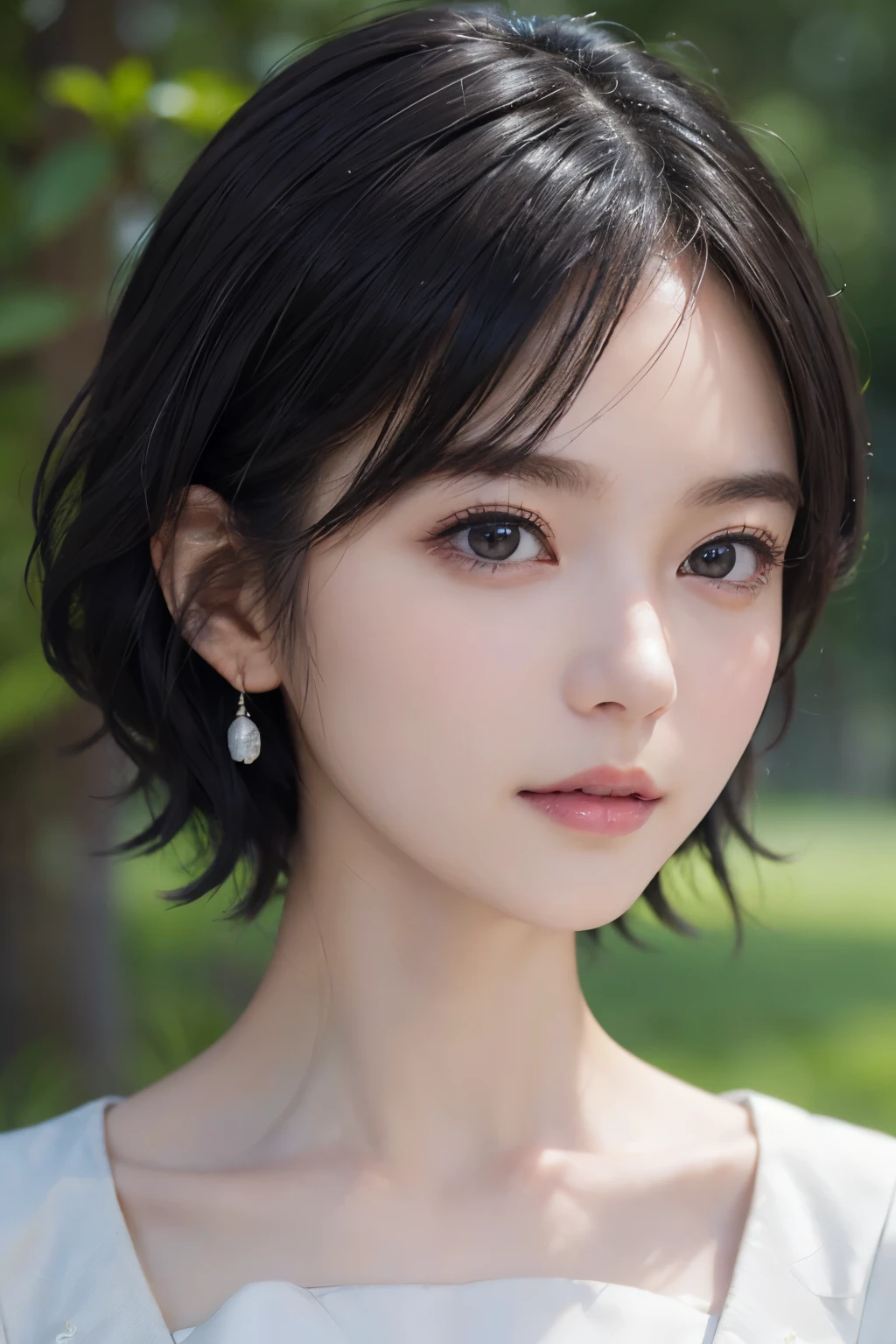 (((Black Short Hair))), (grassland), Seductive pose, 背景がgrassland、Image from chest up:1.6)、Close-up portrait of a woman wearing a white off-the-shoulder top dress and earrings, Soft portrait shot 8k, Nice delicate face, High-quality 4K portraits, High-quality portraits, Soft, perfect, pale skin, 8K Highly Detailed Face, なbeautiful繊細な顔, beautiful光の大きな目, Beautiful and realistic face, beautiful14Old woman, Beautiful and realistic face, cute14Old woman
