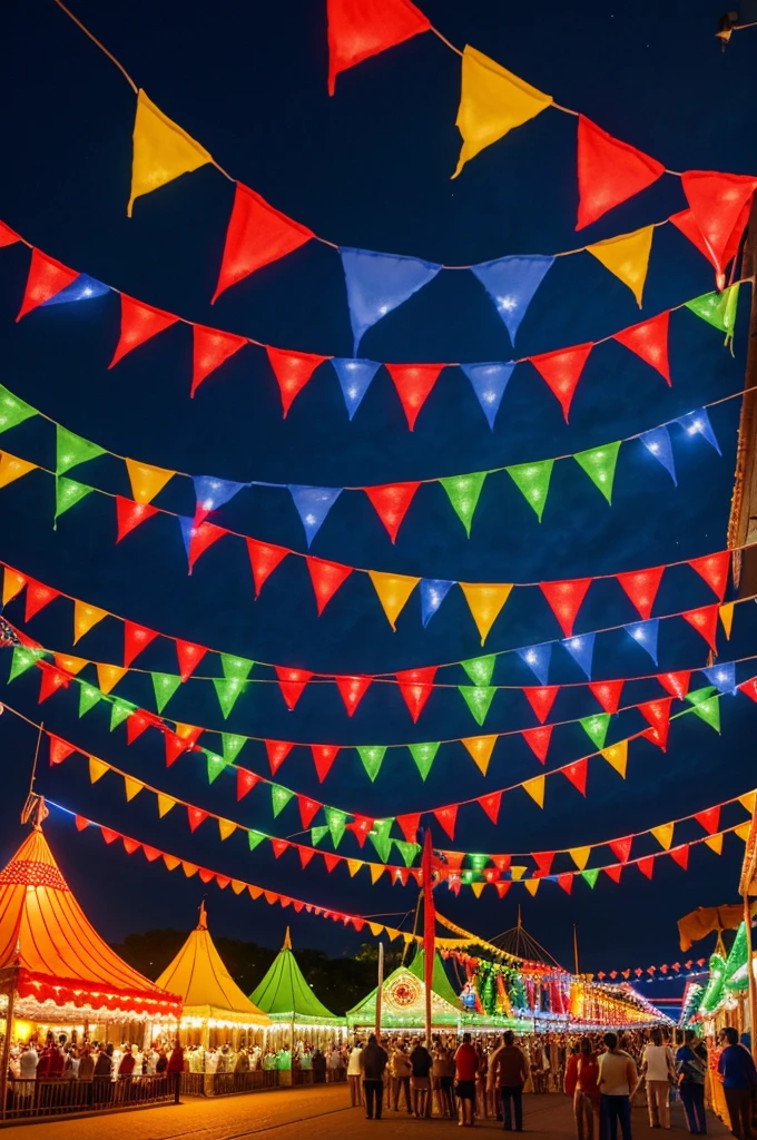 Outdoor celebration with decoration of colored pennants and lights, similar to a fair. Paraguayan festival of San Juan.  