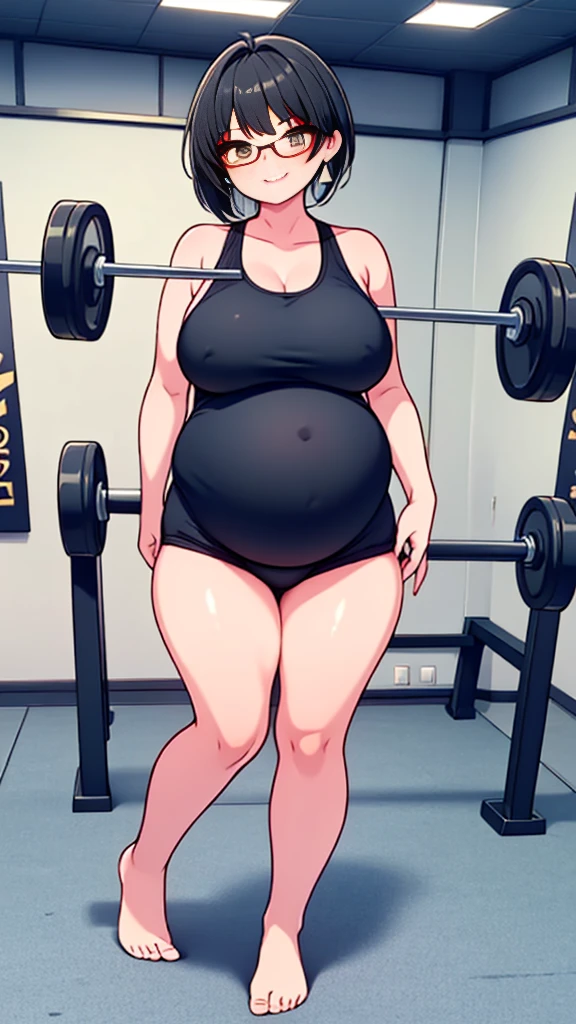 (Full body, glasses, detailed), An image of a pregnant girl wearing gym clothes with her belly on full display. She is a very voluptuous lady, she has a smug face and she is barefoot