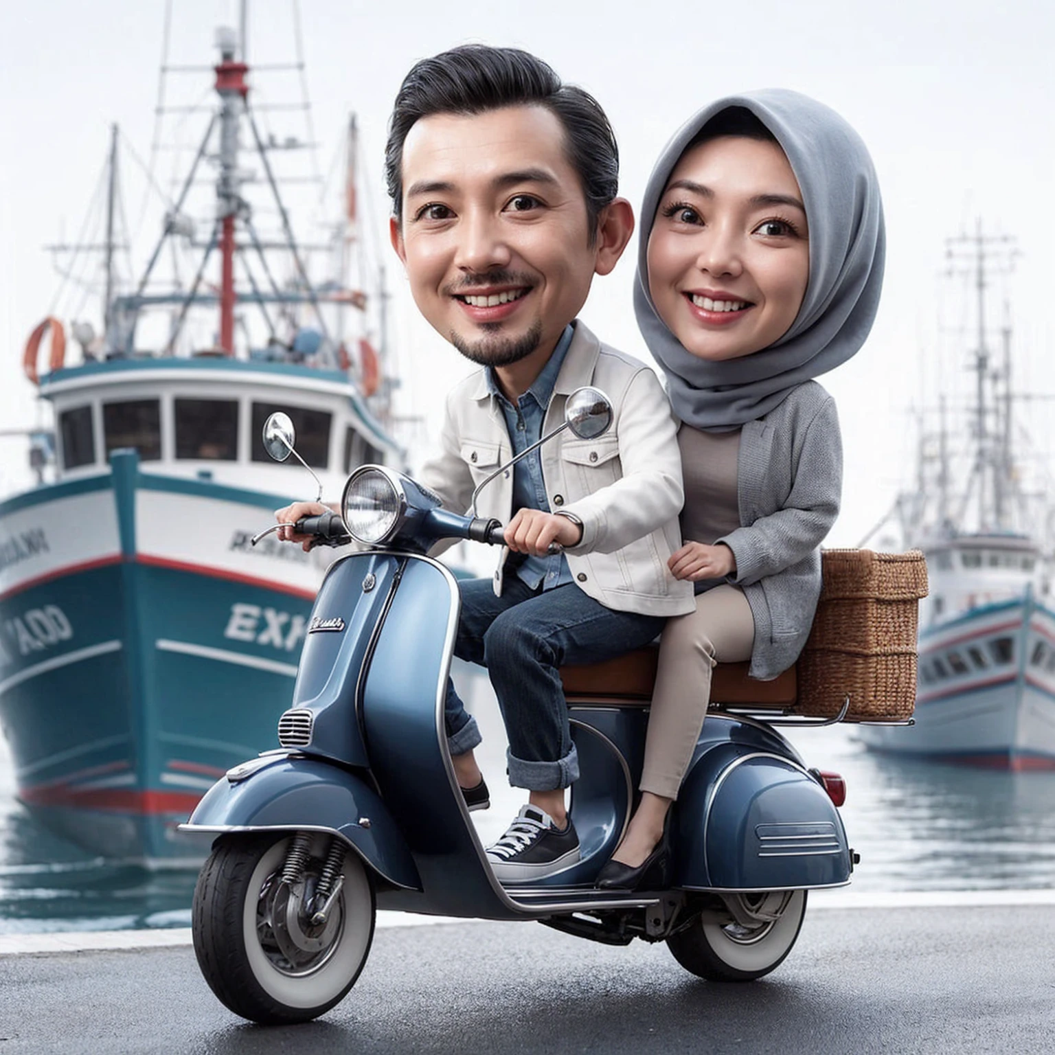 
4D caricature of a 40-year-old Indonesian man wearing a white jacket and black shoes, and a 40-year-old woman wearing a pashmina hijab and a grey jacket. They are riding together on a dark blue Vespa Exel with happy expressions. In the background, there is a harbor with ships, clearly visible fishing boats, and fishermen. Front view, cool, 4K.