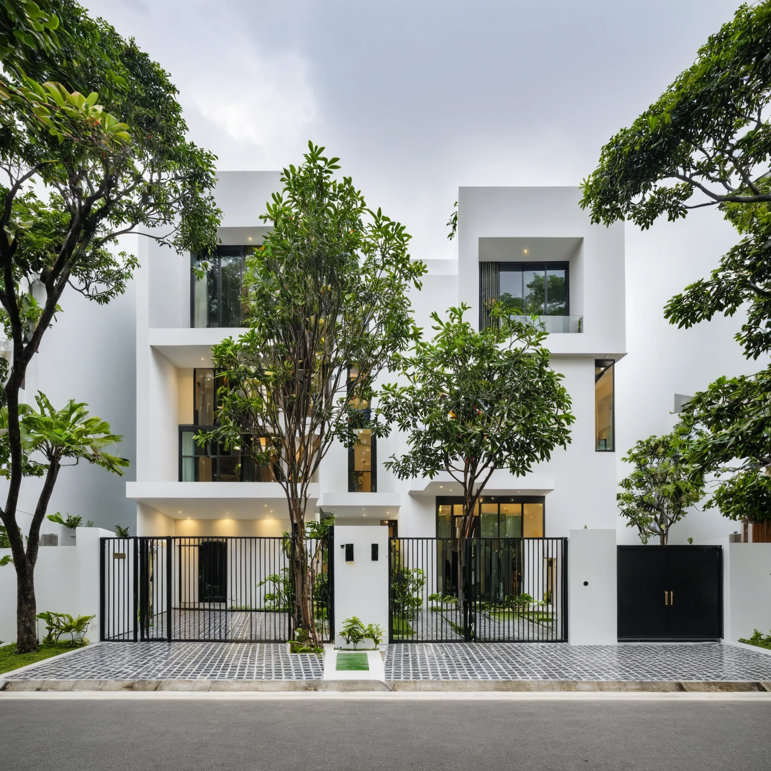 RAW photo, a photo of a modern villa, sidewalk, sidewalk trees, steel gate, road, viet nam modern residence, a car parked in front of it, rough white wall, new residential area, wide angle exterior 2022, contemporary house, exterior photography, masterpiece, contemporary architecture, overcast, indirect lighting