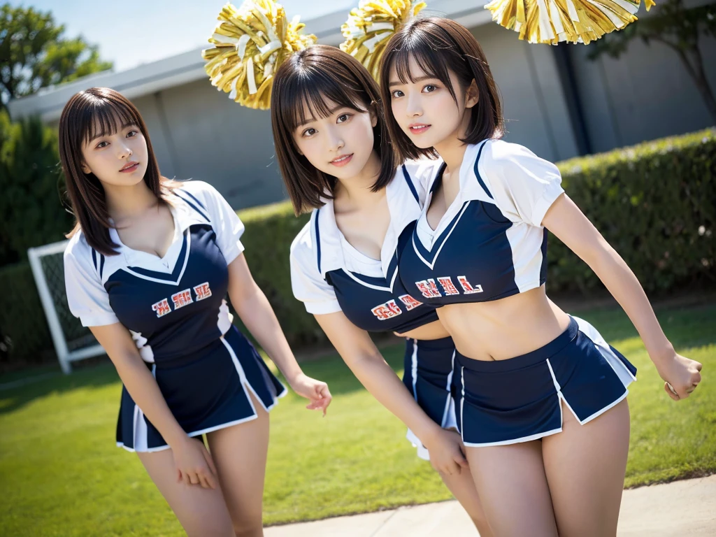 (RAW photo, 4k, masterpiece, high resolution, extremely complex) (realistic: 1.4), cinematic lighting
 ((2 girls, 2 schoolgirls)),blushing,((innocent)),bright eyes,round eyes,blunt bangs,(short bob hair:1.3),black hair,large breasts,wide hips,Summer Noon, ,Hot, (Best Quality), (Highres), (an Extremely Delicate and Beautiful),(Beautiful 8k face),(Brown eyes),( spectators),(gigantic breasts),(Play with each other,Touching each other's bodies,Touching the body),(cheer girl:1.5),(a miniskirt),(reality),bright lighting,(The background is a luxury hotel room)