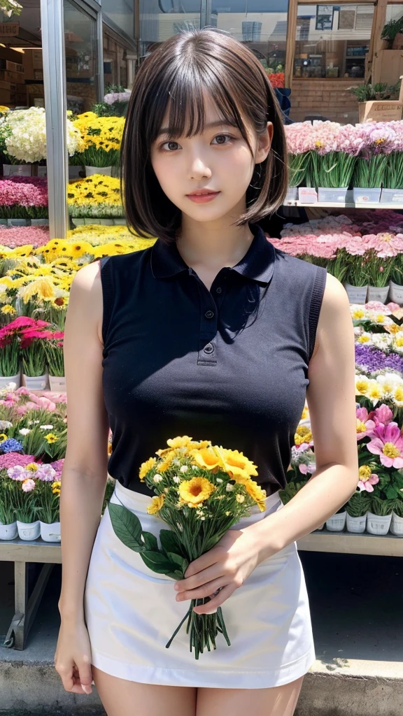 (masterpiece:1.3, top-quality, ultra high res, ultra detailed), (realistic, photorealistic:1.2), beautiful illustration, perfect lighting, natural lighting, colorful, depth of fields, ,
beautiful detailed hair, beautiful detailed face, beautiful detailed eyes, beautiful clavicle, beautiful body, beautiful chest, heavy chest, beautiful thigh, beautiful legs, beautiful fingers, shiny skin,
looking at viewer, 1 girl, japanese, 22 years old, (perfect anatomy, anatomically correct, super detailed skin), cute and symmetrical face, babyface, perfect face, perfect eyes, perfect fingers,
(short bob hair, straight hair, hair slicked back:1.6, blue hair), parted bangs, dark purple eyes, big eyes, drooping eyes, long eyelashes, faint lips, ((saggy breasts), Don't expose it, seductive thighs), outstanding style,
(detailed cloth texture, break, sleeveless collared polo shirt, tight skirt, black apron), break,
(beautiful scenery), ((behind flower shop:1.5)), standing, ((hold a big bouquet:1.2)), (parted lips),