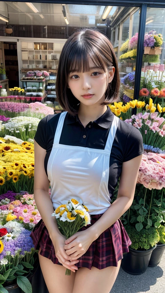 (masterpiece:1.3, top-quality, ultra high res, ultra detailed), (realistic, photorealistic:1.2), beautiful illustration, perfect lighting, natural lighting, colorful, depth of fields, ,
beautiful detailed hair, beautiful detailed face, beautiful detailed eyes, beautiful clavicle, beautiful body, beautiful chest, heavy chest, beautiful thigh, beautiful legs, beautiful fingers, shiny skin,
looking at viewer, 1 girl, japanese, 22 years old, (perfect anatomy, anatomically correct, super detailed skin), cute and symmetrical face, face, perfect face, perfect eyes, perfect fingers,
(short bob hair, straight hair, hair slicked back:1.6, blue hair), parted bangs, dark purple eyes, big eyes, drooping eyes, long eyelashes, faint lips, ((saggy breasts), Don't expose it, seductive thighs), outstanding style,
(detailed cloth texture, break, sleeveless collared polo shirt, tight skirt, black apron), break,
(beautiful scenery), ((behind flower shop:1.5)), standing, ((hold a big bouquet:1.2)), (parted lips),