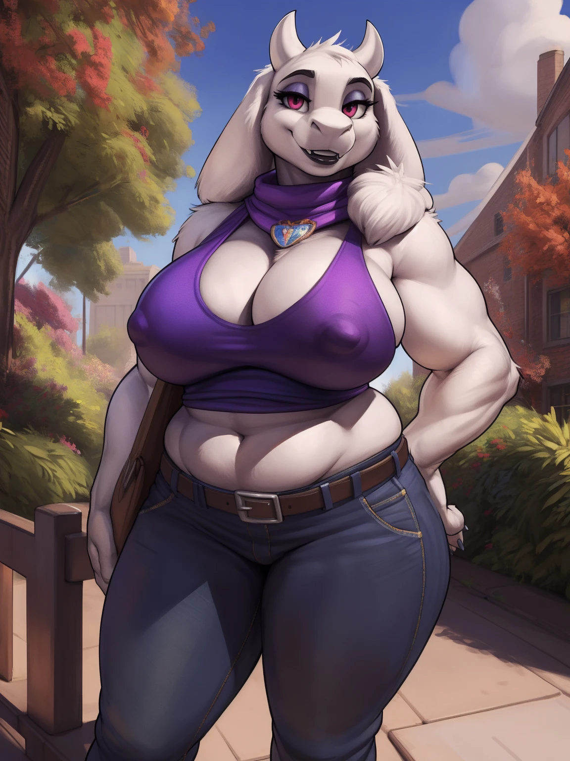 by darkgem, by duase, by kevinsano, solo, 1girl, toriel, maroon eyes, female, older woman, smooth body, athletic, buff, wide body, wide hips, thick thighs, big arms, heavy breasts, nipple outline, highly detailed eye, (slit pupil), (black pupil:1.3), milf, tank top, bare midriff, chunky, cleavage, large areolae, mom jeans, lowrise jeans, bare midriff, visible thong straps, Masterpiece, best quality, absurd res, highly detailed, cleanly drawn eyes, park environment, cute smile, black lipstick, standing upright, casual posture, 