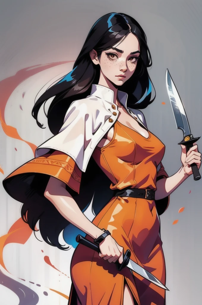 l1s4fr4nk Fr3ckles, freckles, young woman, brown skin, long dress medieval, camponesa, a knife in her hand, black hair, medium breasts, long hair,  brow eyes, solo,