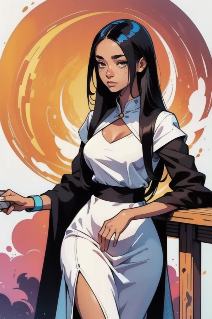 l1s4fr4nk Fr3ckles, freckles, young woman, brown skin, long dress medieval, camponesa, a knife in her hand, black hair, medium breasts, long hair,  brow eyes, solo,