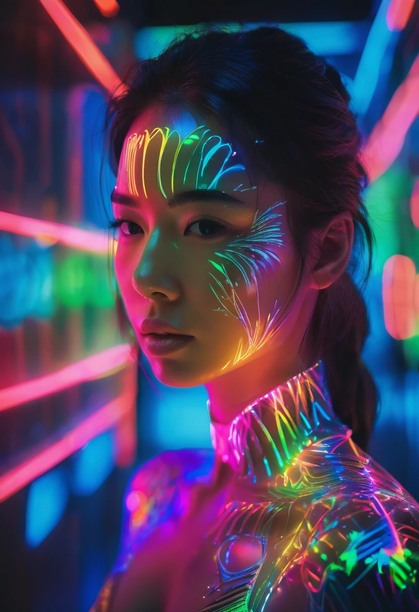 full portrait unique photography with light and painting. Using Fluorescent materials to form abstract patterns that are implemented on the pretty japanese women face with dynamic pose. Phosphorescent materials store light and release it slowly. glow in the dark, prism rainbow effect, Ultra highly detailed, skin texture, detailed art, neon glow backround, Realistic Portrait by Arnau Mas