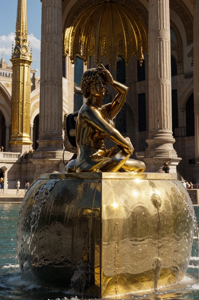 Faça a estatua ser de gold e enorme e detalhada as partes intimas dela e faça a nua, Main square of the city, fountain around, gold