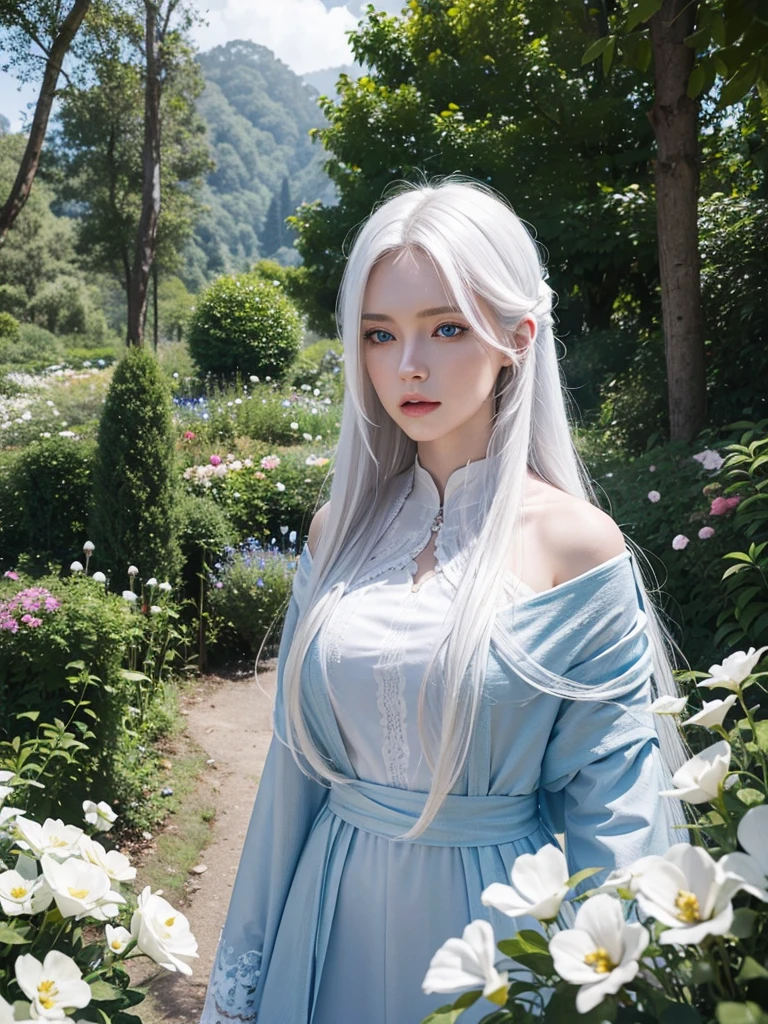 Long white hair, blue eyes, serious features, white skin, loose style, in a garden, with flowers , in the forest