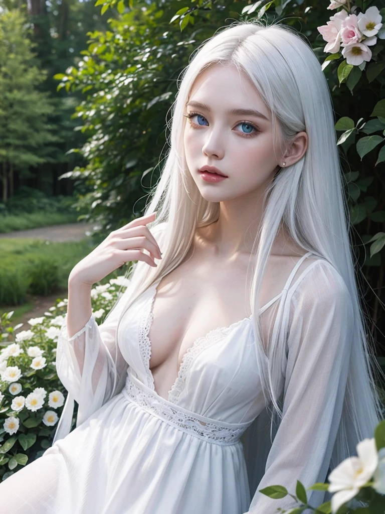 Long white hair, blue eyes, serious features, white skin, loose style, in a garden, with flowers , in the forest 