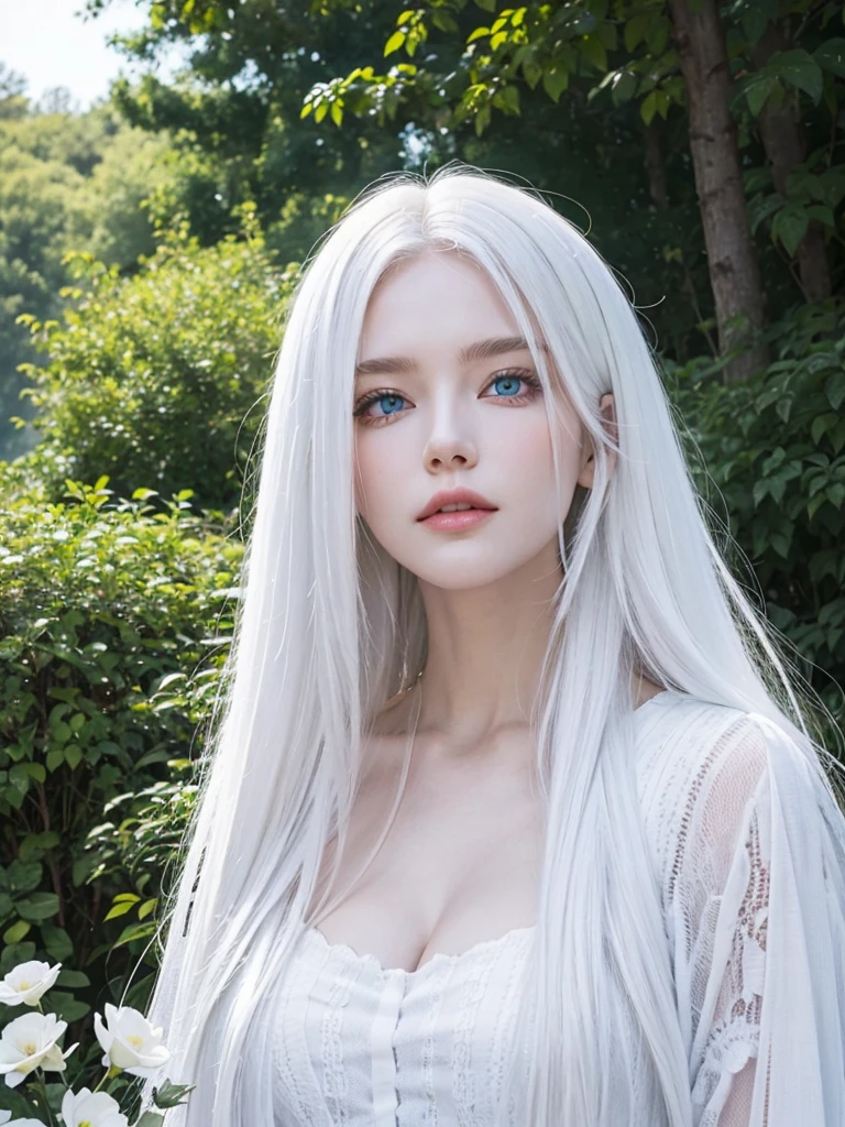 Long white hair, blue eyes, serious features, white skin, loose style, in a garden, with flowers , in the forest